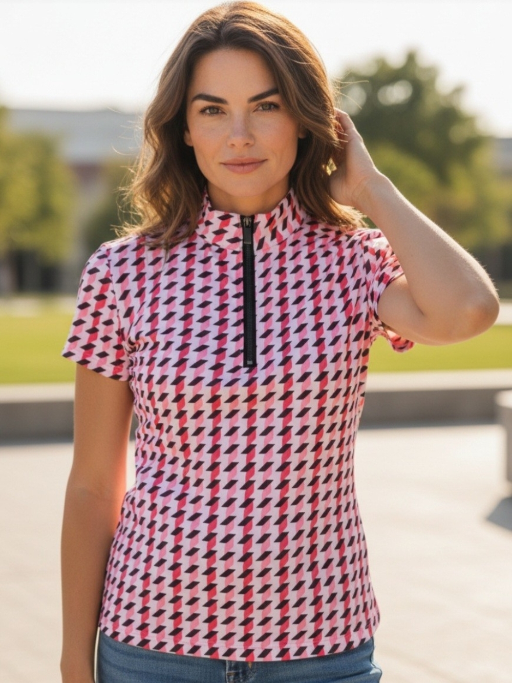 Tail Pink & Black Geometric Zip Mock Neck Short Sleeve Top